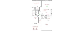 Poplar 2 bedroom 2 bathroom 1,110 Sq.Ft. floor plan  at Hawthorne Properties, Lafayette, IN 47905