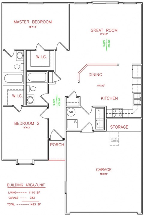 Poplar 2 bedroom 2 bathroom 1,110 Sq.Ft. floor plan  at Hawthorne Properties, Lafayette, IN 47905