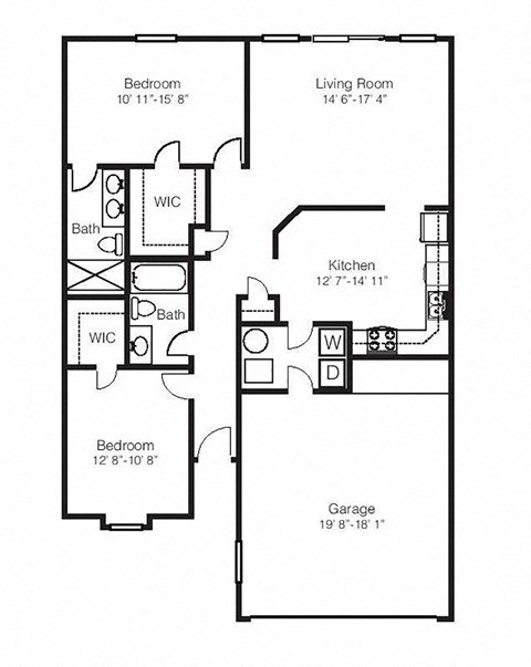 Sycamore Duplex 2 bedroom 2 bathroom 1,150 Sq.Ft. A floor plan at Hawthorne Properties, Lafayette, IN 47905