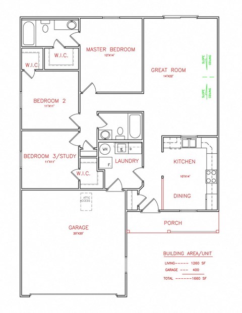 Willow Duplex 3 bedroom 2 bathroom 1,260 Sq.Ft. floor plan A  at Hawthorne Properties, Lafayette, IN 47905