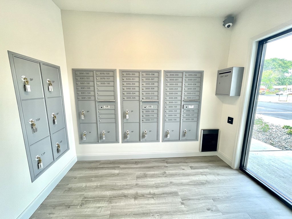 a lockers in a room with a large window at Murdock Gardens Apartments, Lafayette, IN 47904