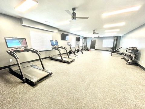 a gym with cardio equipment on the floor and a ceiling fan