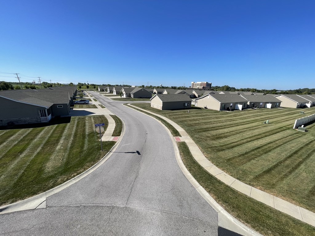 an aerial view of a neighborhood with a road and houses at Hawthorne Properties in Lafayette, IN 47905