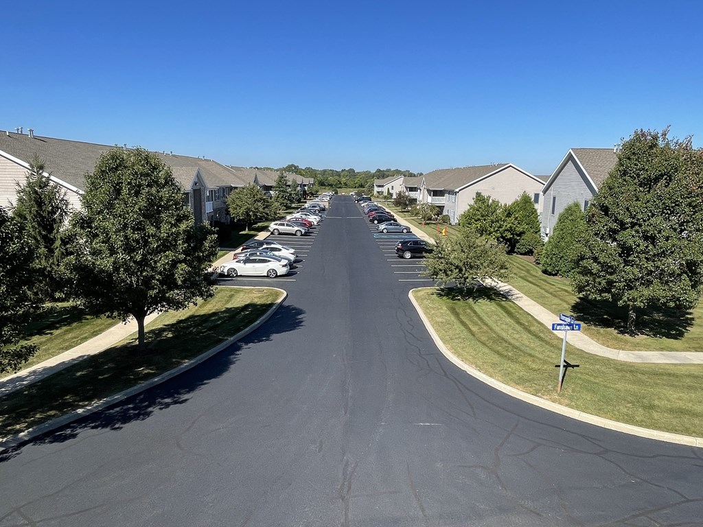 an aerial view of a street with houses and trees at Hawthorne Properties in Lafayette, IN 47905