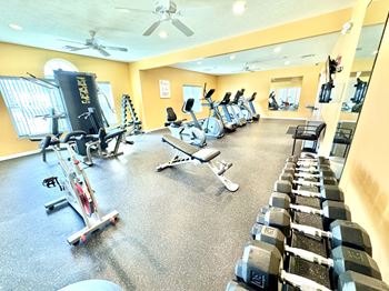 A gym with a variety of equipment including treadmills, stationary bikes, and dumbbells.