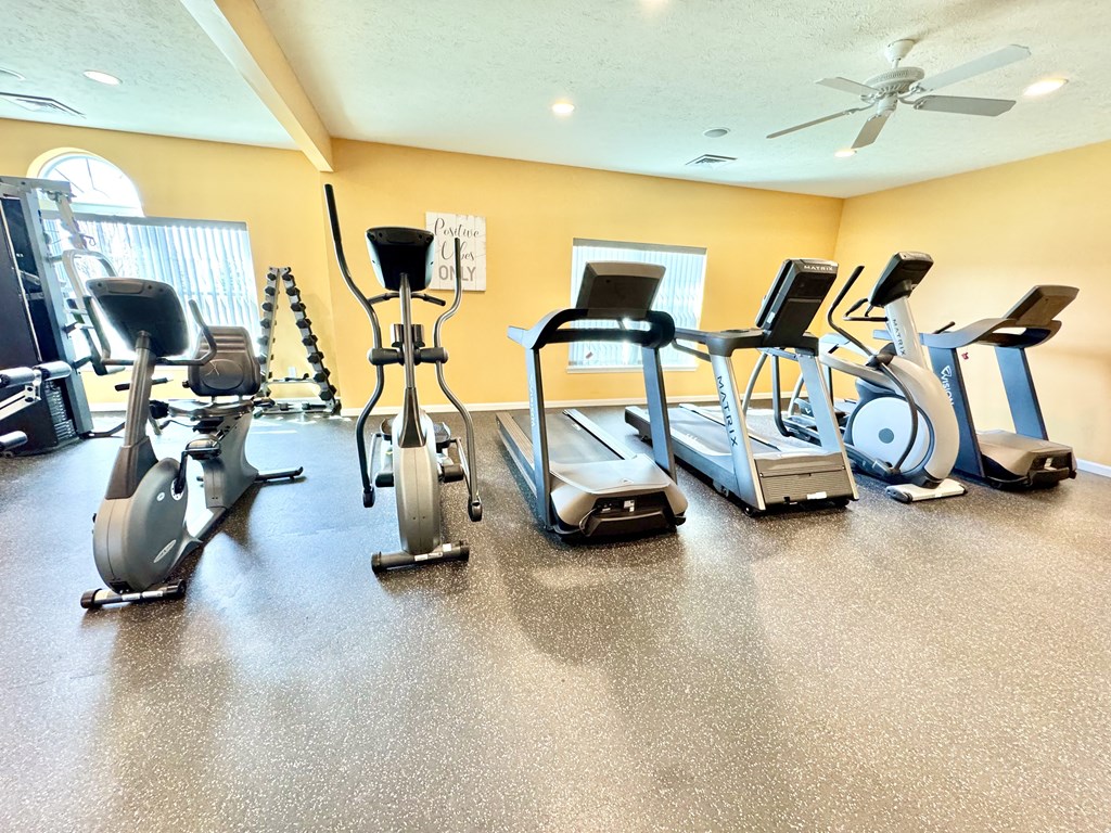 A gym with a variety of cardio equipment including treadmills, stationary bikes, and elliptical machines.