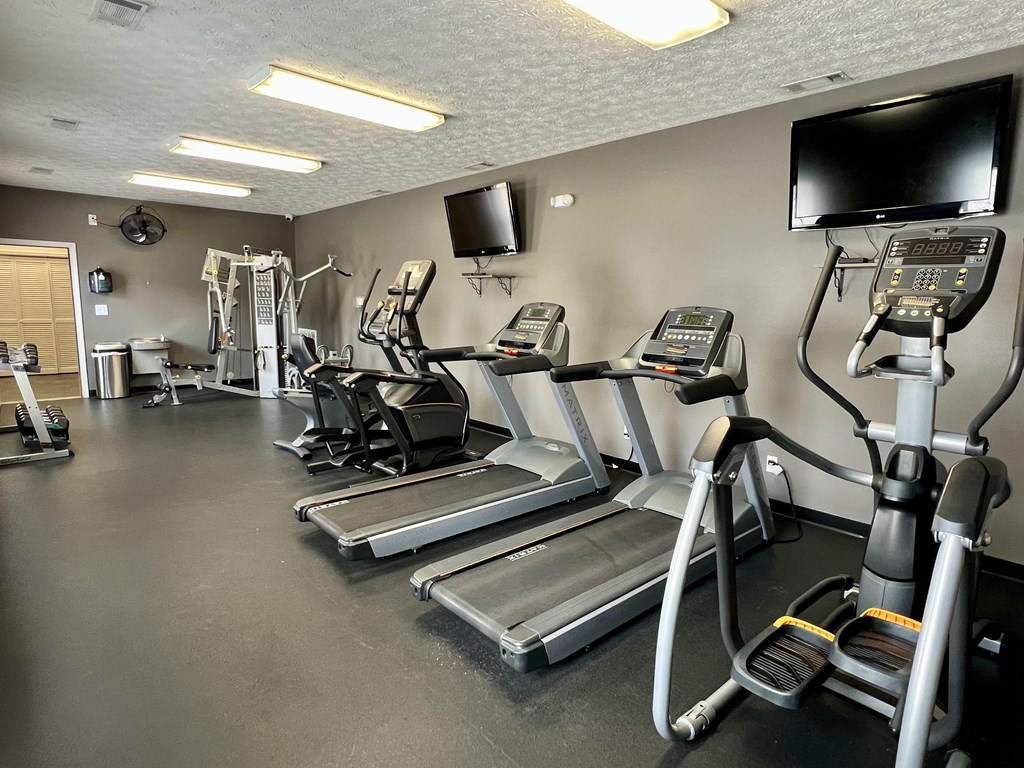 A gym with treadmills, elliptical machines, and other exercise equipment.