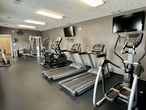 A gym with treadmills, elliptical machines, and other exercise equipment.