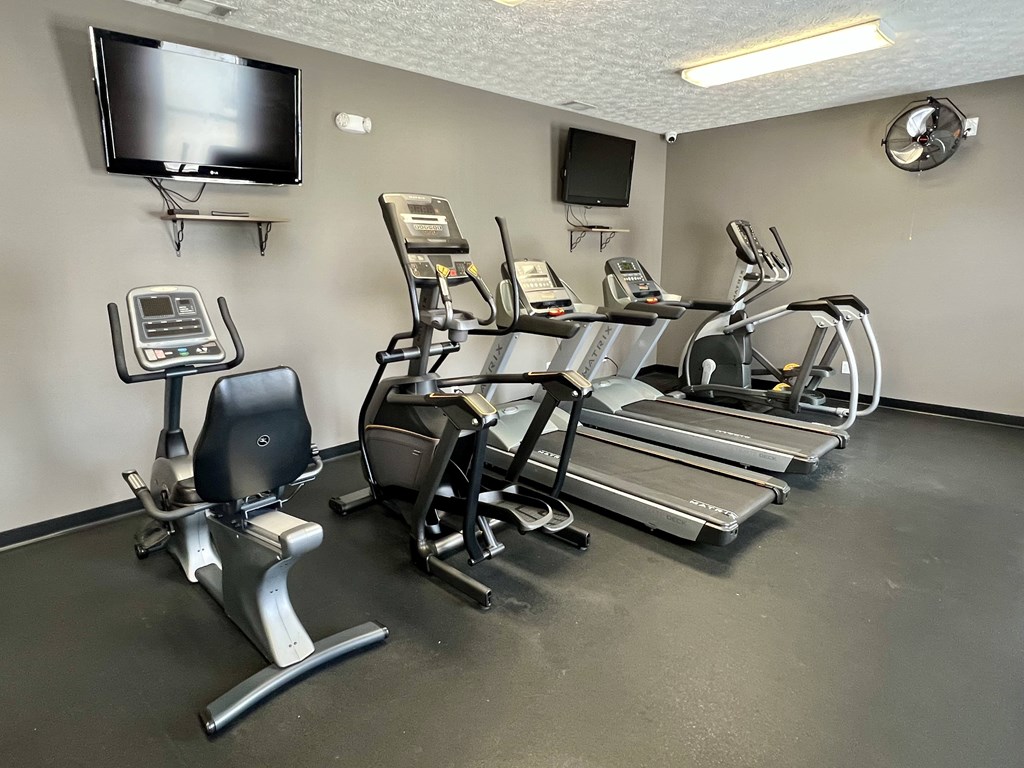 A gym with treadmills, elliptical machines, and a television.