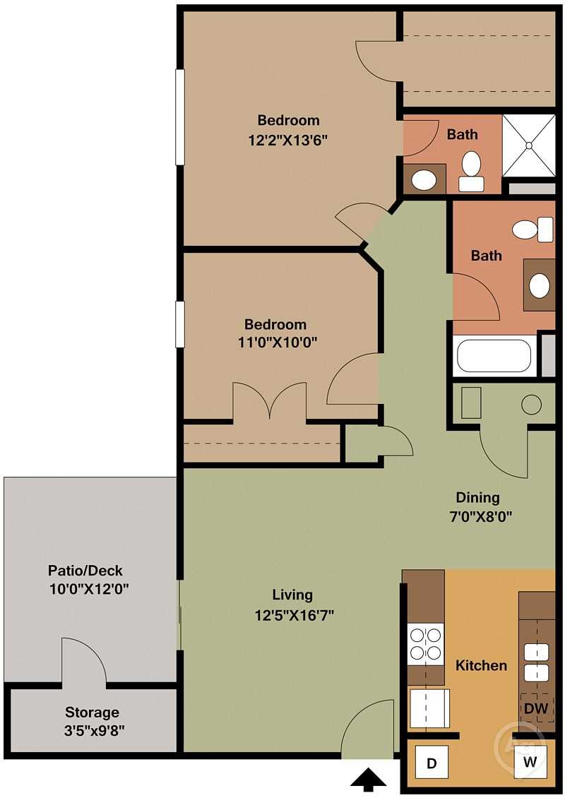 2 Bed, 2 Bath 986 Sq.Ft. Floor Plan at Shenandoah Properties in Lafayette, IN 47905