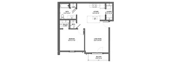 A floor plan of a small apartment with a living room, kitchen, bathroom, bedroom and balcony.