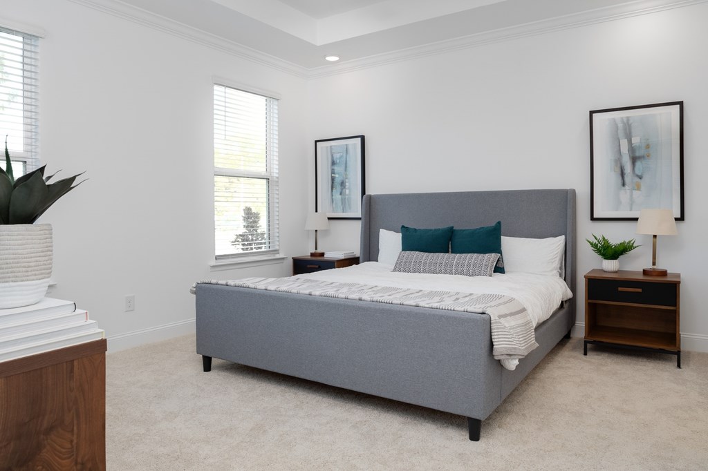 A bedroom with a large bed and a plant on the side table.