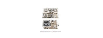 A 3D floor plan of a house with two bedrooms, a living room, a kitchen, and a garage.