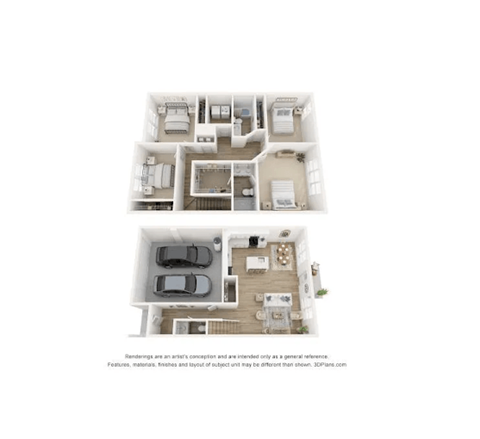 A 3D floor plan of a house with two bedrooms, a living room, a kitchen, and a garage.