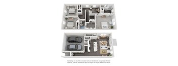 a stylized 3d floor plan of a house with a bedroom and living room