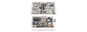 a stylized 3d floor plan of a house with a bedroom and a kitchen