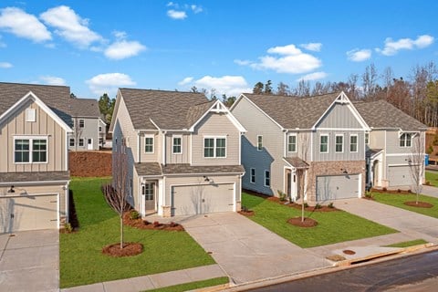 a row of houses on a street with grass