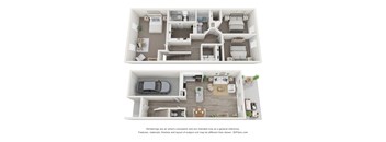 Two floor plan images of a house with a kitchen, living room, bedrooms, and bathrooms.