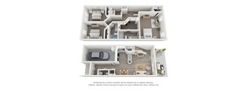 A 3D floor plan of a house with two levels, showing the layout of rooms and furniture.