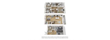 a 3d floor plan of a house withartments and a balcony