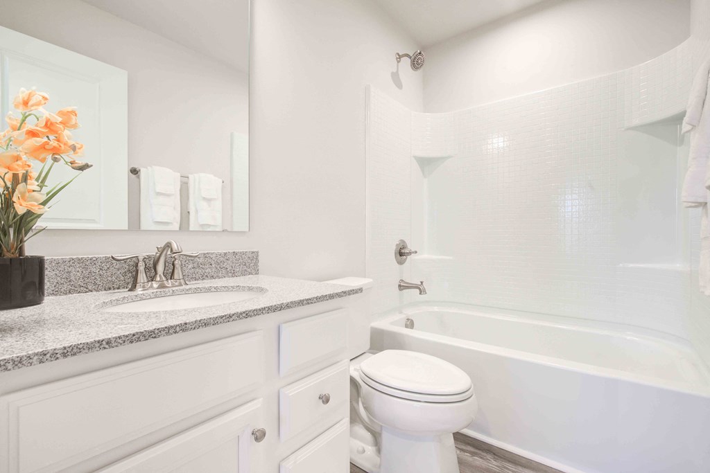 Upscale bathroom featuring an expansive double vanity and luxurious soaking tub with classic white finishes