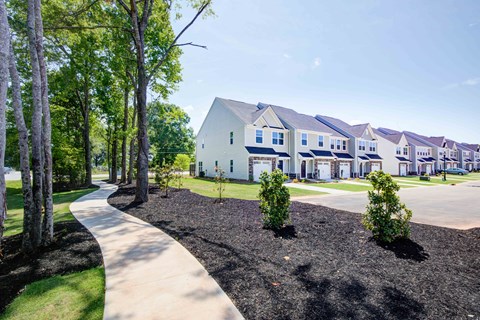 Tree-lined community pathway leading to elegant townhomes with professional landscaping