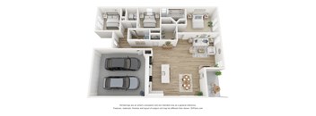 A 3D floor plan of a house with a kitchen, living room, and two bedrooms.