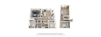 A 3D floor plan of a house with two bedrooms, two bathrooms, a living room, a kitchen, and a garage.