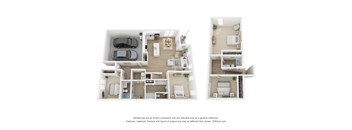 A 3D floor plan of a house with multiple rooms and furniture.