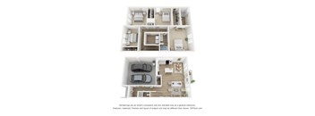 A 3D floor plan of a house with two bedrooms, a living room, a kitchen, a bathroom, and a garage.