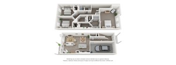 A 3D floor plan of a two-story house with a living room, dining room, kitchen, and bedrooms.