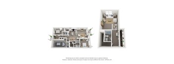 A floor plan of a two-bedroom apartment with a living room, kitchen, and bathroom.