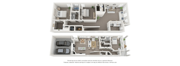 A 3D floor plan of a house with two bedrooms, a living room, a kitchen, a dining room, and a garage.