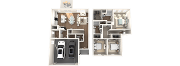 a rendering of two floor plans of a house with a car and a garage