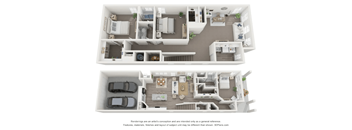 A 3D floor plan of a house with two levels, a garage, and a living room with a kitchen and dining area.