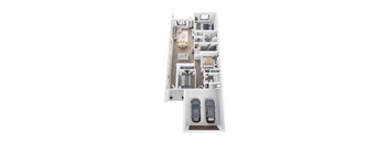 A top-down view of a two-bedroom apartment with a living room, kitchen, and bathroom.