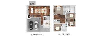 A floor plan shows a living room, two bedrooms, a kitchen, and a garage on the lower level, and a bathroom and a second bedroom on the upper level.