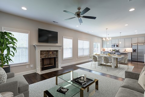 A modern living room with a fireplace and a television.