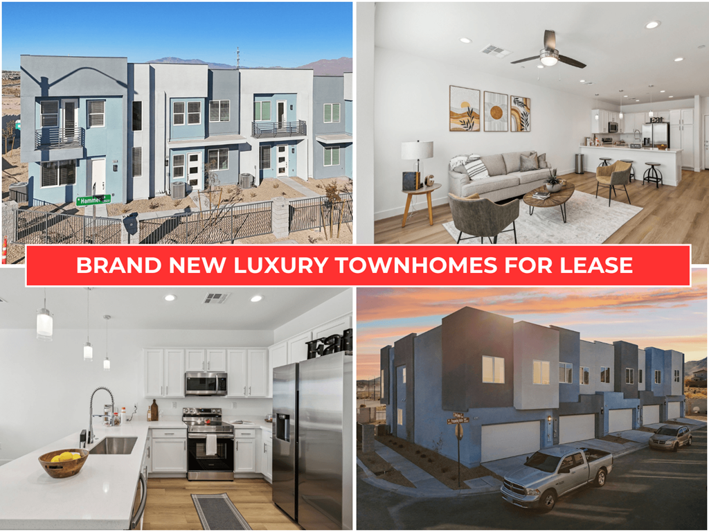 A collage of images showcasing brand new luxury townhouses for lease, with interior and exterior views of the properties.