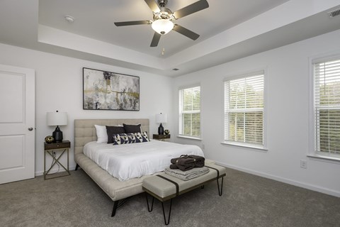 a bedroom with a bed and a ceiling fan