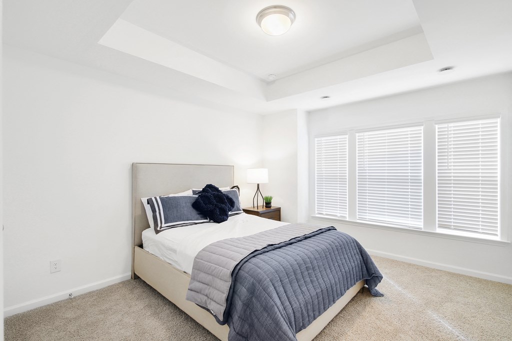 a bedroom with a bed and two windows