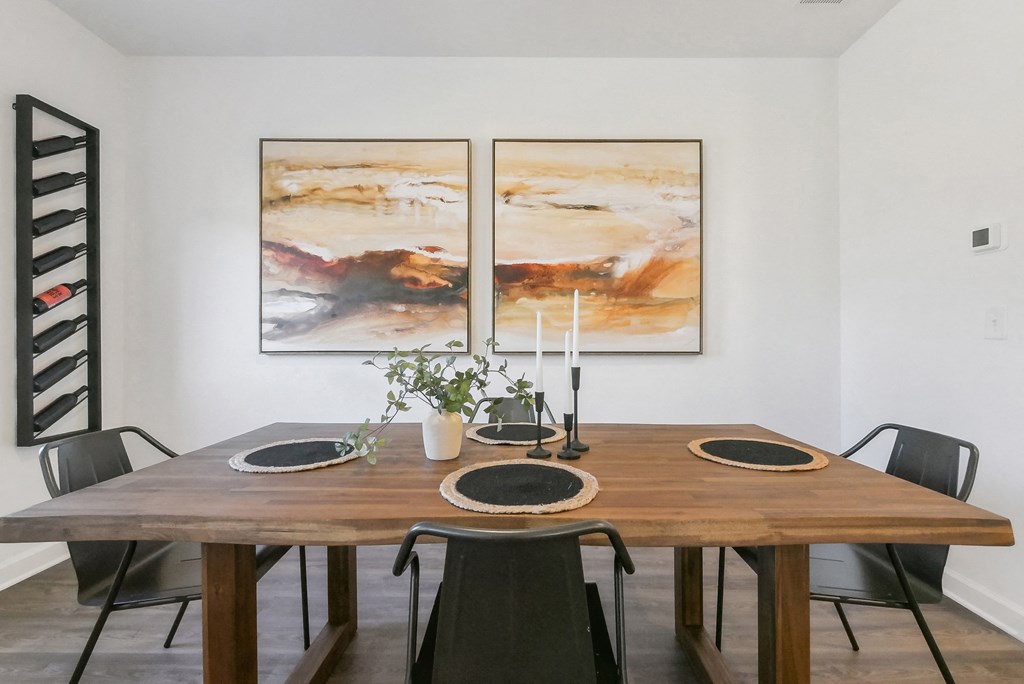 Stylish dining room with designer lighting fixtures