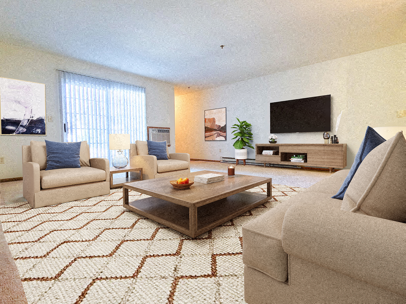 a living room with a couch and a coffee table