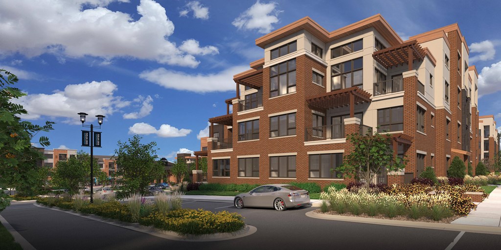 a rendering of an apartment building with a car parked in front of it