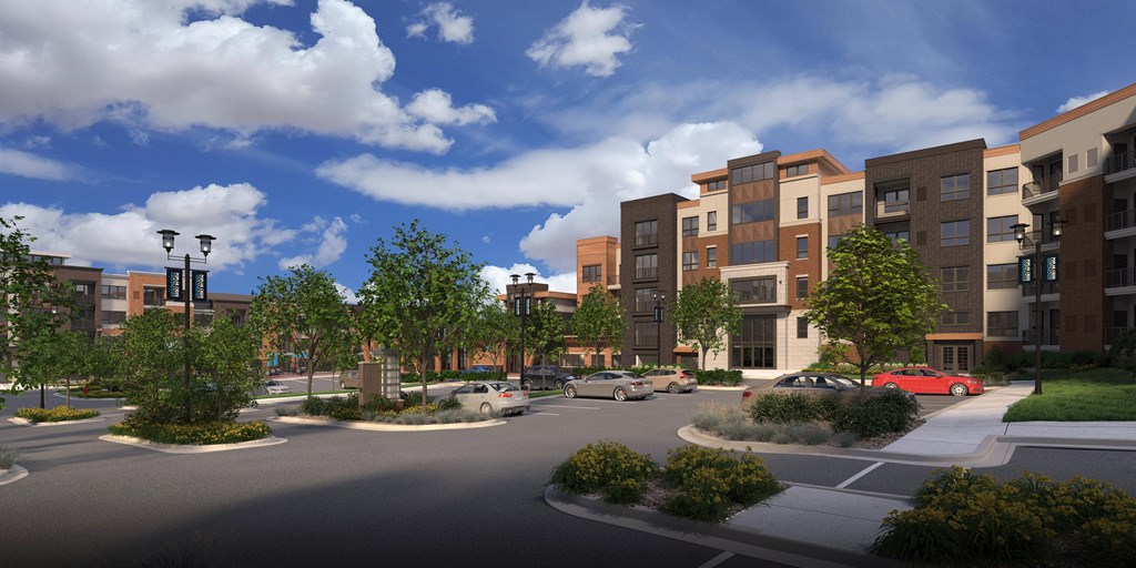 a rendering of a parking lot in front of an apartment building