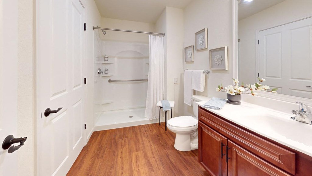 a bathroom with a sink toilet and a shower