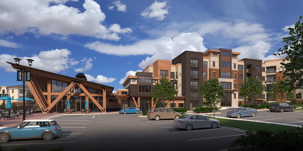 a rendering of a building with cars in a parking lot