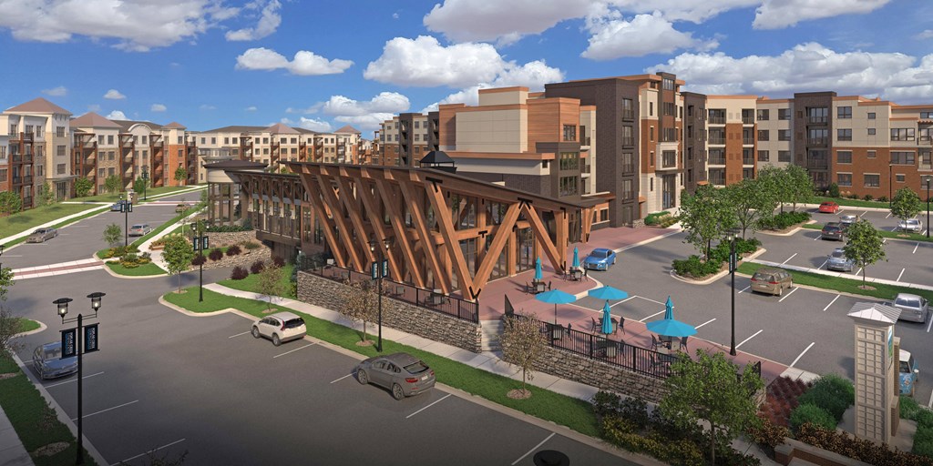 a rendering of a building with a bridge in the middle of a city street