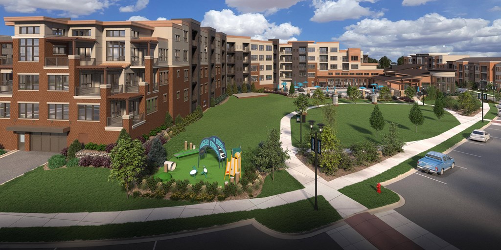 a rendering of a park with a playground in front of an apartment building