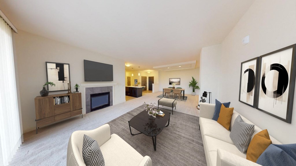 a living room with a couch and a table